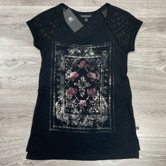 NWT Rock & Republic Black Tie Graphic Floral Rose Short Fishnet Mesh Sleeves XS - Picture 5 of 13